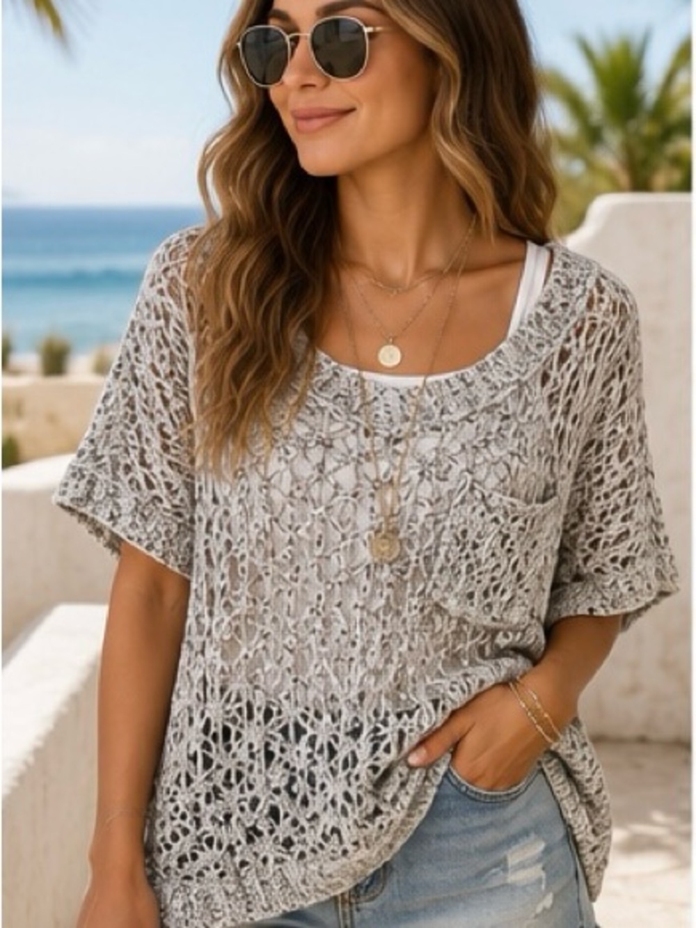 POL Open Knit Crochet Sweater Small Oversized Boho High Low Gray